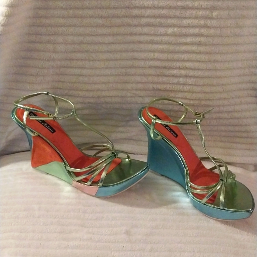 Michael Antonio multi colored platform wedge sandal in a size 8 1/2
